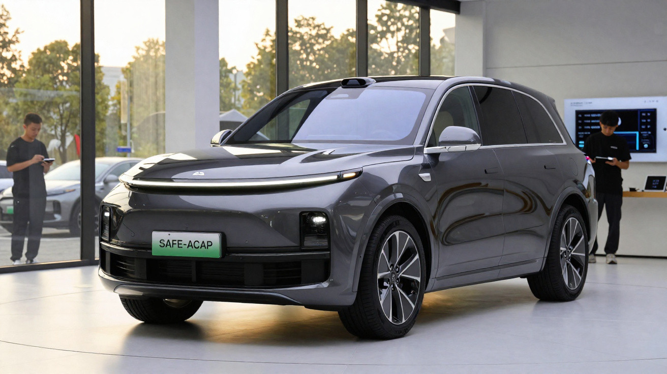 Carro elétrico cinza escuro com design moderno em exposição numa sala com vidro.