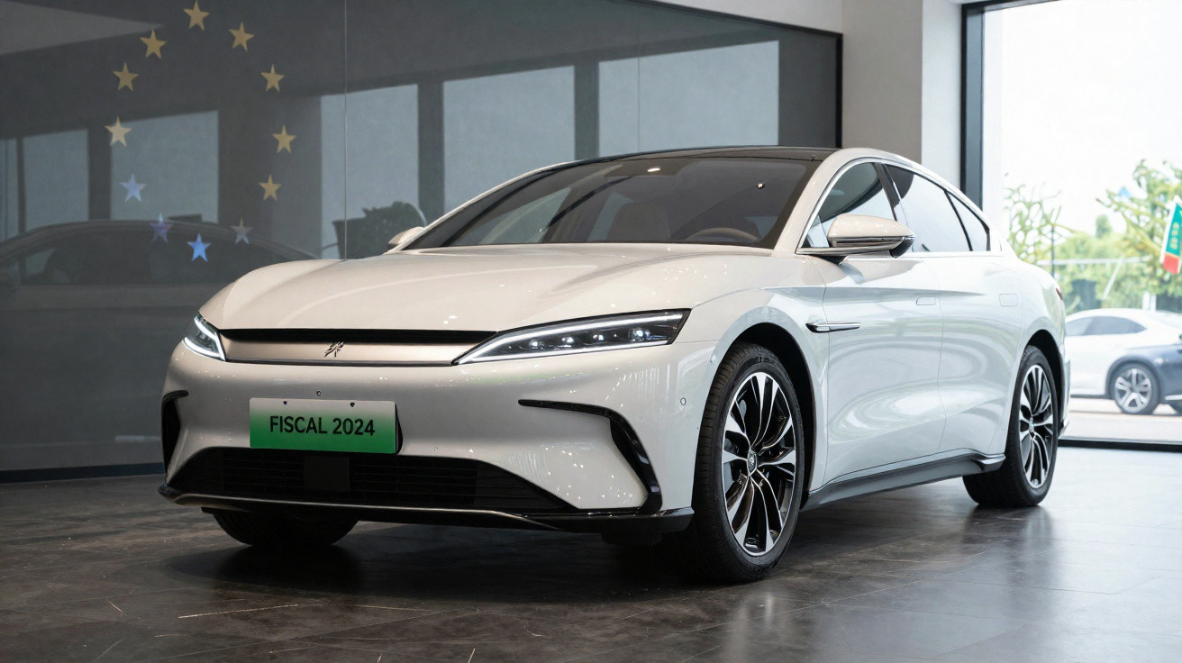 Carro elétrico branco moderno estacionado numa loja, com matrícula verde Fiscal 2024 visível.