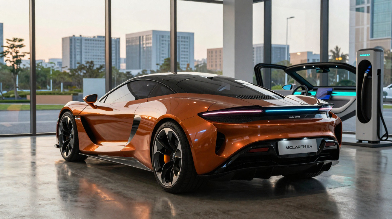 Carro desportivo elétrico McLaren EV laranja num showroom moderno com carga380 elétrica.