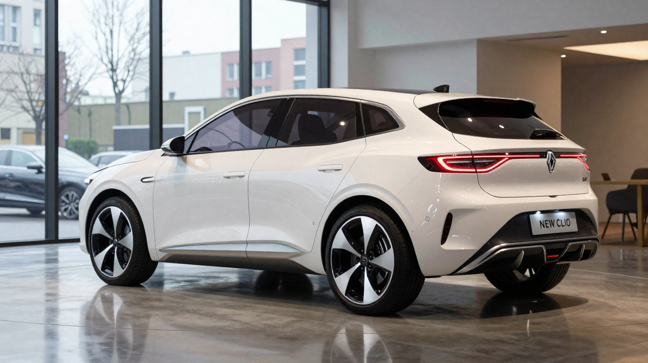 Renault New Clio branco estacionado em showroom com jantes modernas e farol traseiro em LED contínuo.