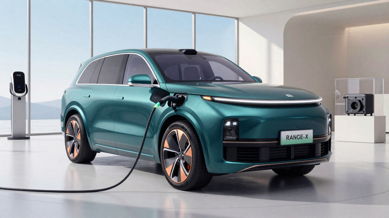 Carro SUV elétrico verde a ser carregado numa estação de carregamento num ambiente moderno e luminoso.