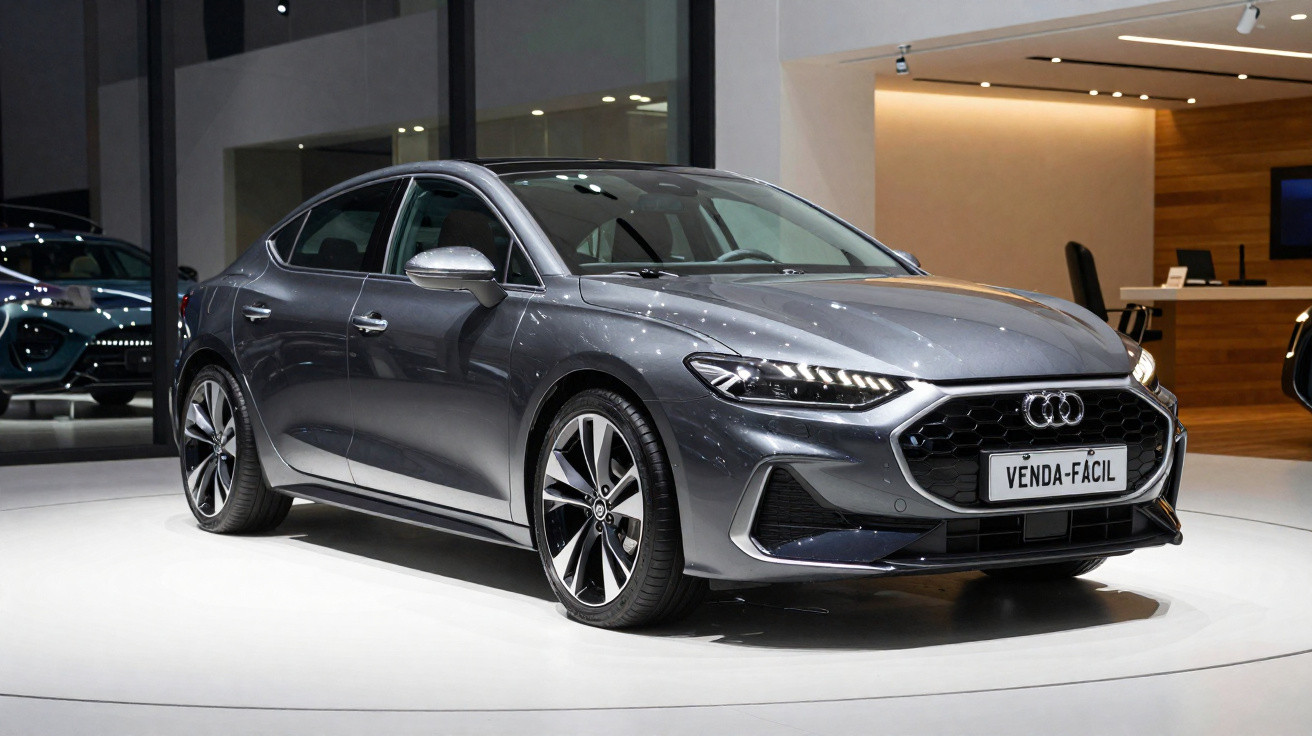 Carro sedan cinzento da Audi em exposição numa sala moderna, com placa "VENDA-FÁCIL".