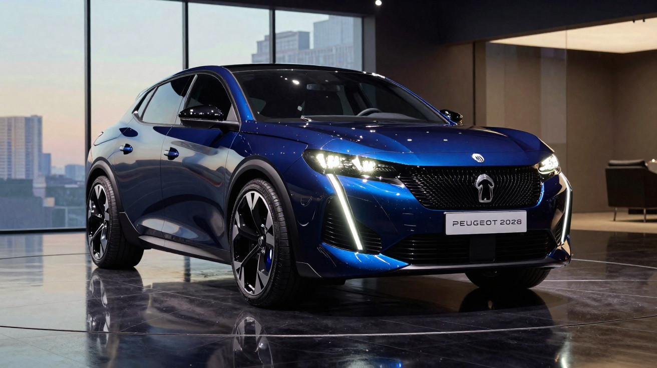 Carro elétrico Peugeot 2028 azul escuro em exposição interior com janelas grandes ao fundo.