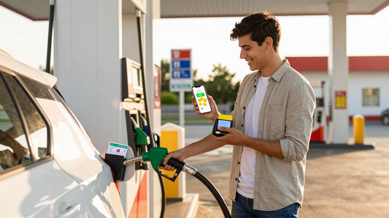 Homem a abastecer carro e a fazer pagamento contactless com telemóvel numa bomba de gasolina.
