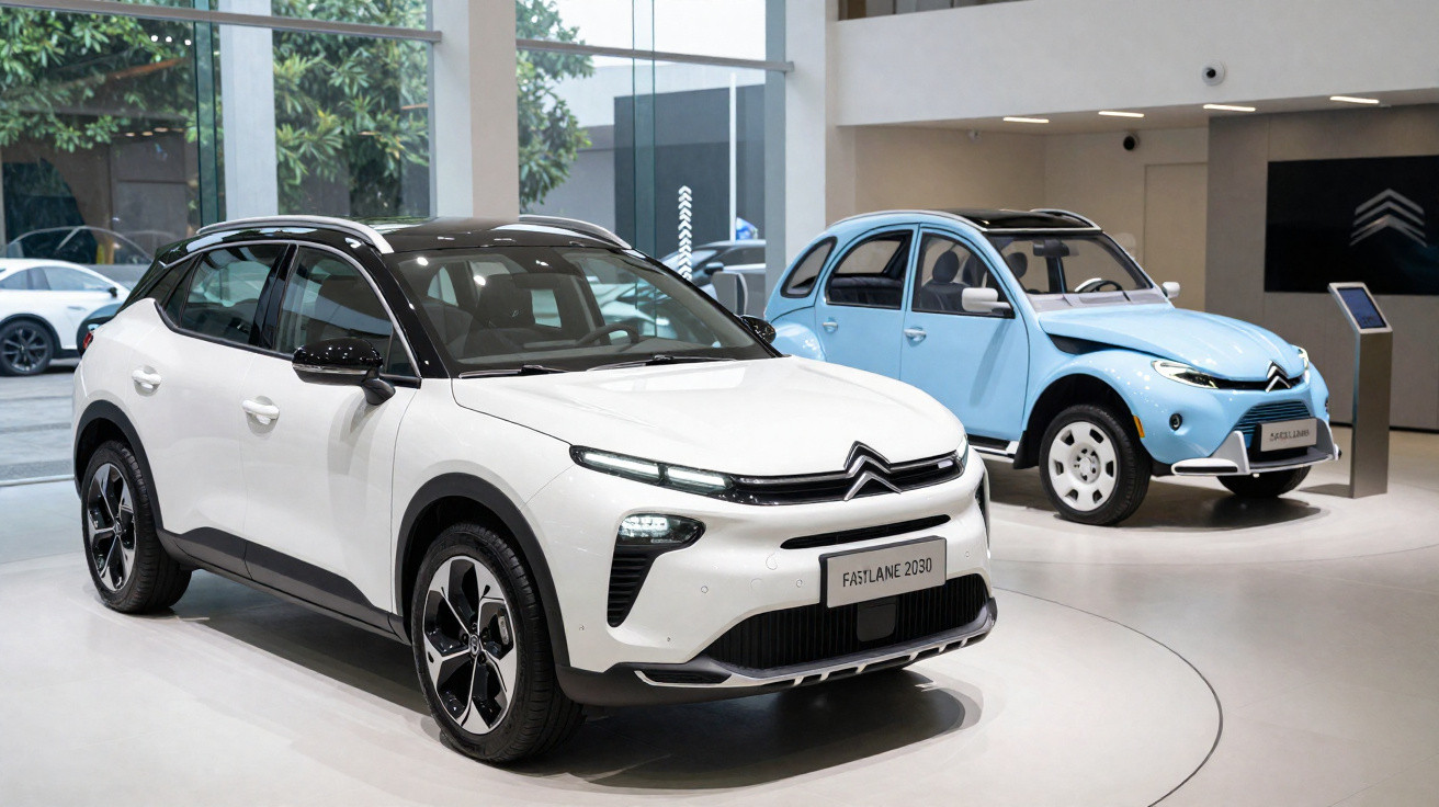 Dois carros eléctricos Citroën expostos em showroom moderno, um branco e outro azul claro.