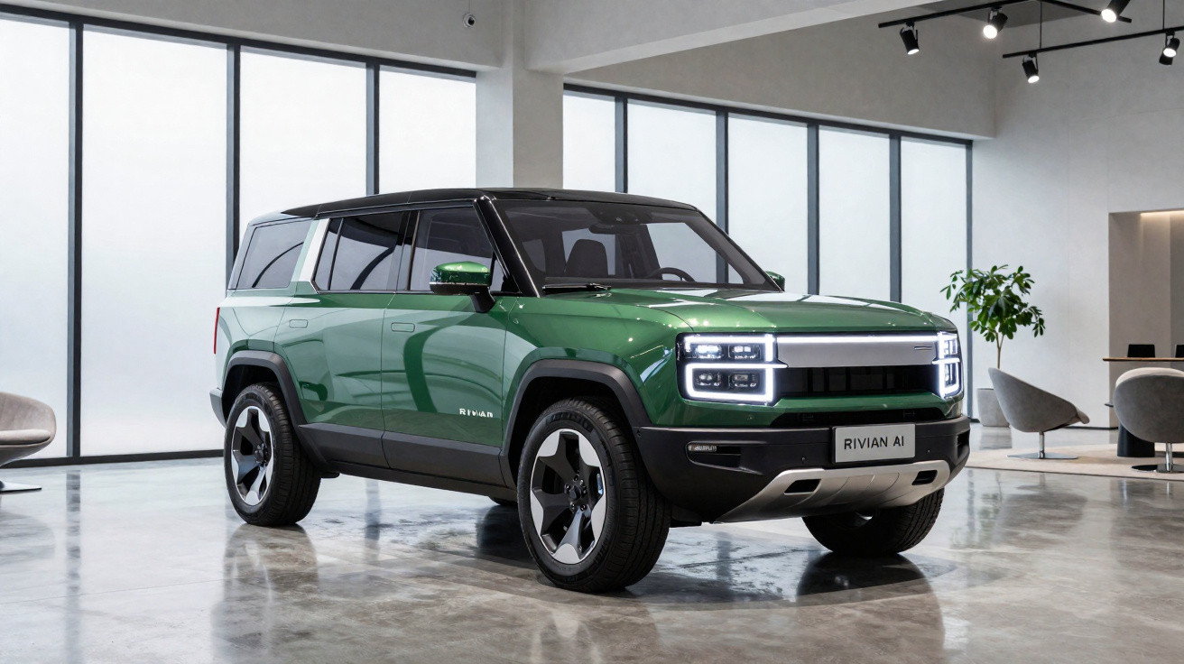 Carro elétrico SUV verde Rivian R1 com faróis LED em ambiente interior moderno e minimalista.