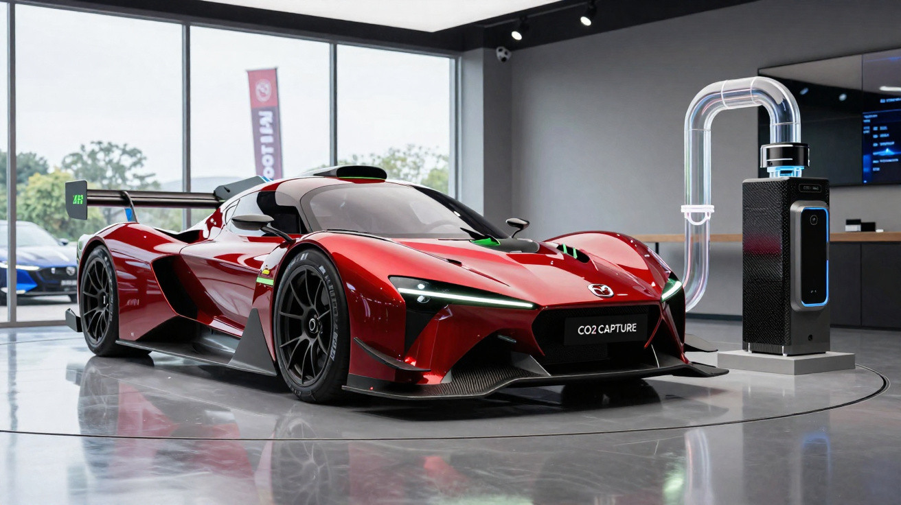 Carro desportivo automóvel vermelho com design futurista ligado a aparelho de captura de CO2 em exposição interior.