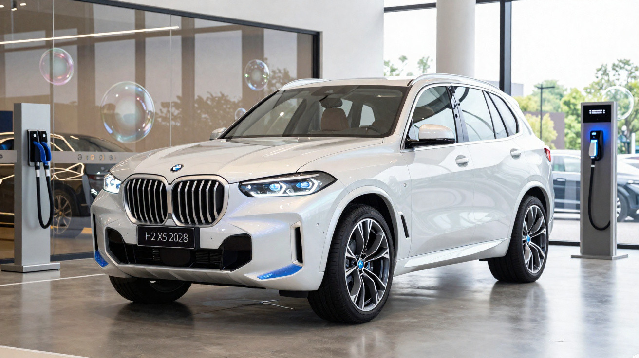 Veículo BMW X5 branco elétrico a ser carregado numa estação de carregamento interior moderna.