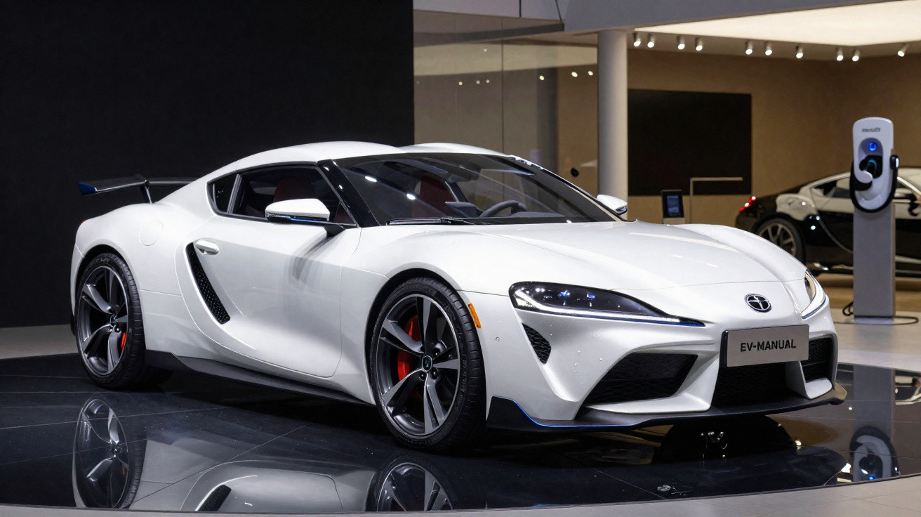 Carro desportivo branco com faróis LED exposto em salão automóvel moderno.