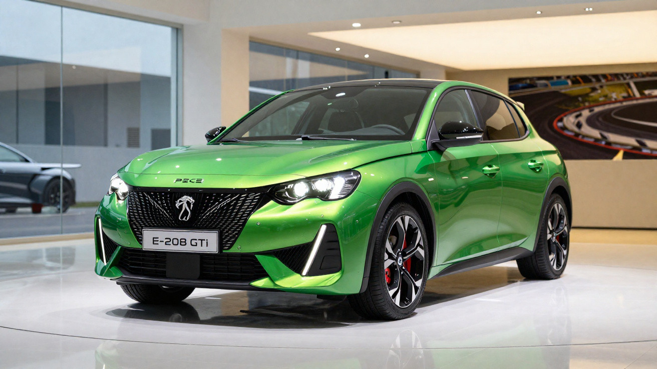 Carro elétrico verde Peugeot E-208 GTi exibido em showroom moderno e luminoso.