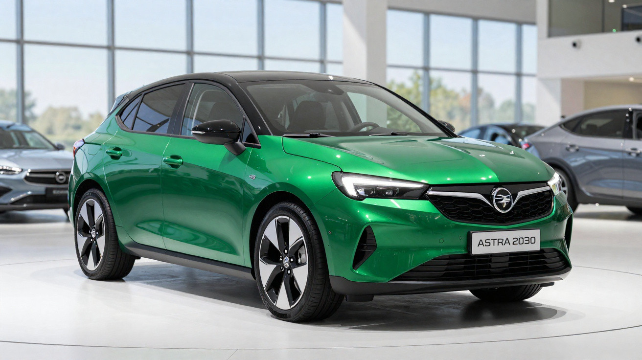 Carro Opel Astra 2030 verde metálico exibido em interior de showroom moderno.