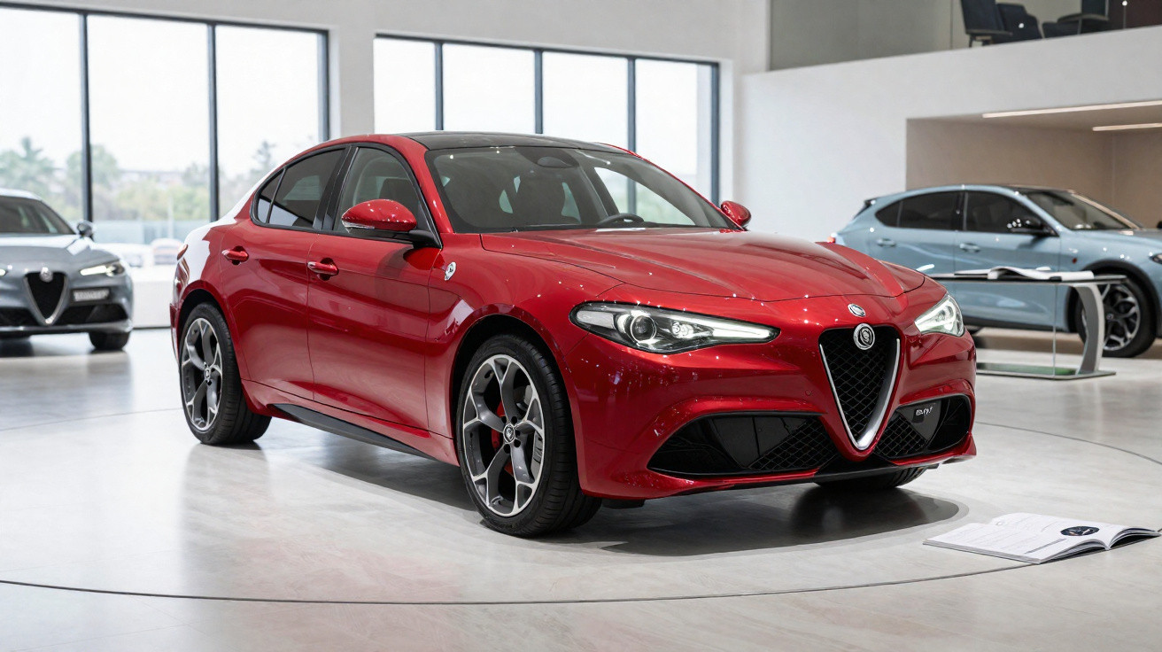 Carro desportivo Alfa Romeo Giulia vermelho em exposição numa sala com chão branco e outras viaturas ao fundo.