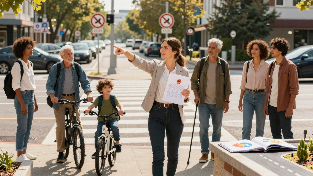 Grupo diversificado com mulher a apontar e crianças com bicicletas numa passadeira numa zona urbana.