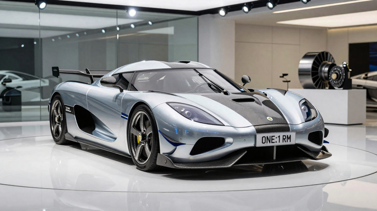 Carro desportivo prateado com elementos em carbono exposto numa sala moderna com piso branco brilhante.
