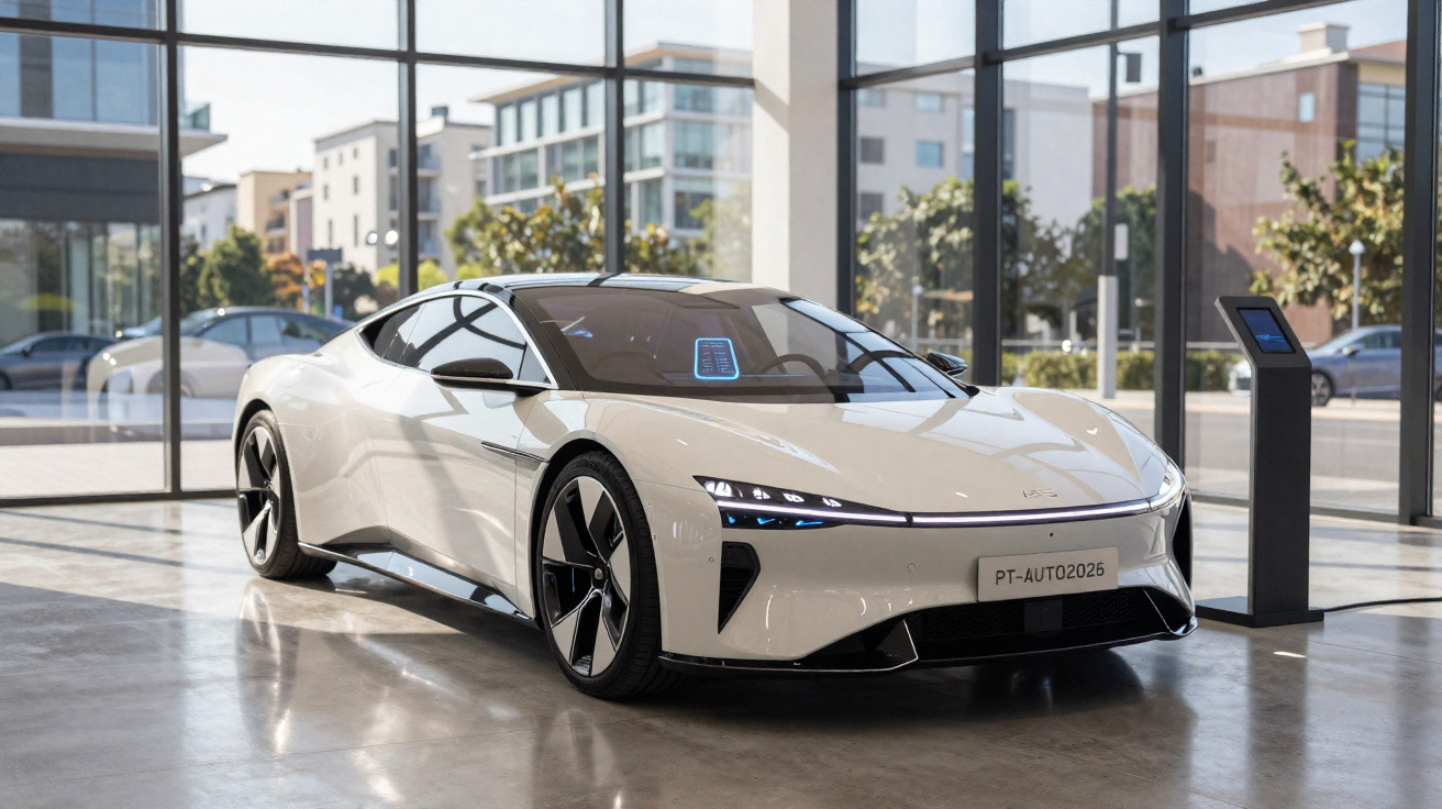 Carro elétrico desportivo branco estacionado dentro de uma sala com janelas panorâmicas grandes.