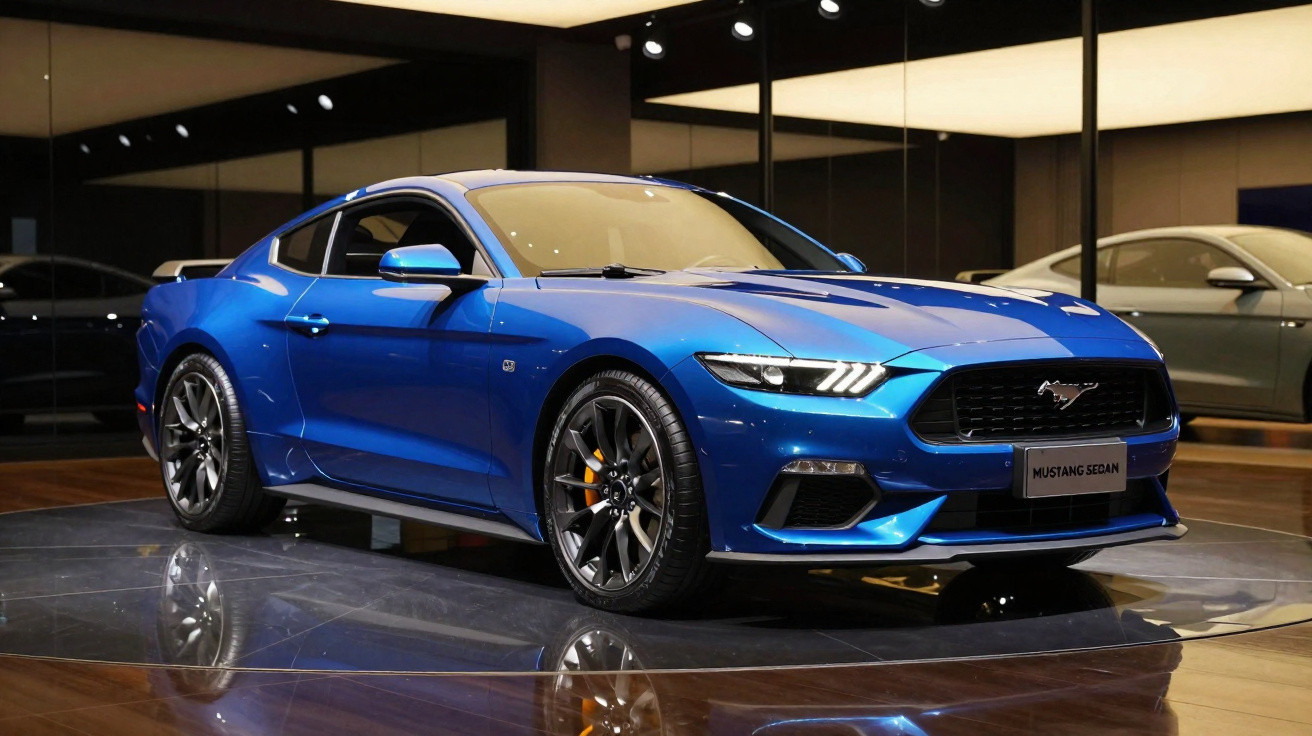 Carro desportivo Ford Mustang azul em exposição num salão automóvel com piso brilhante.
