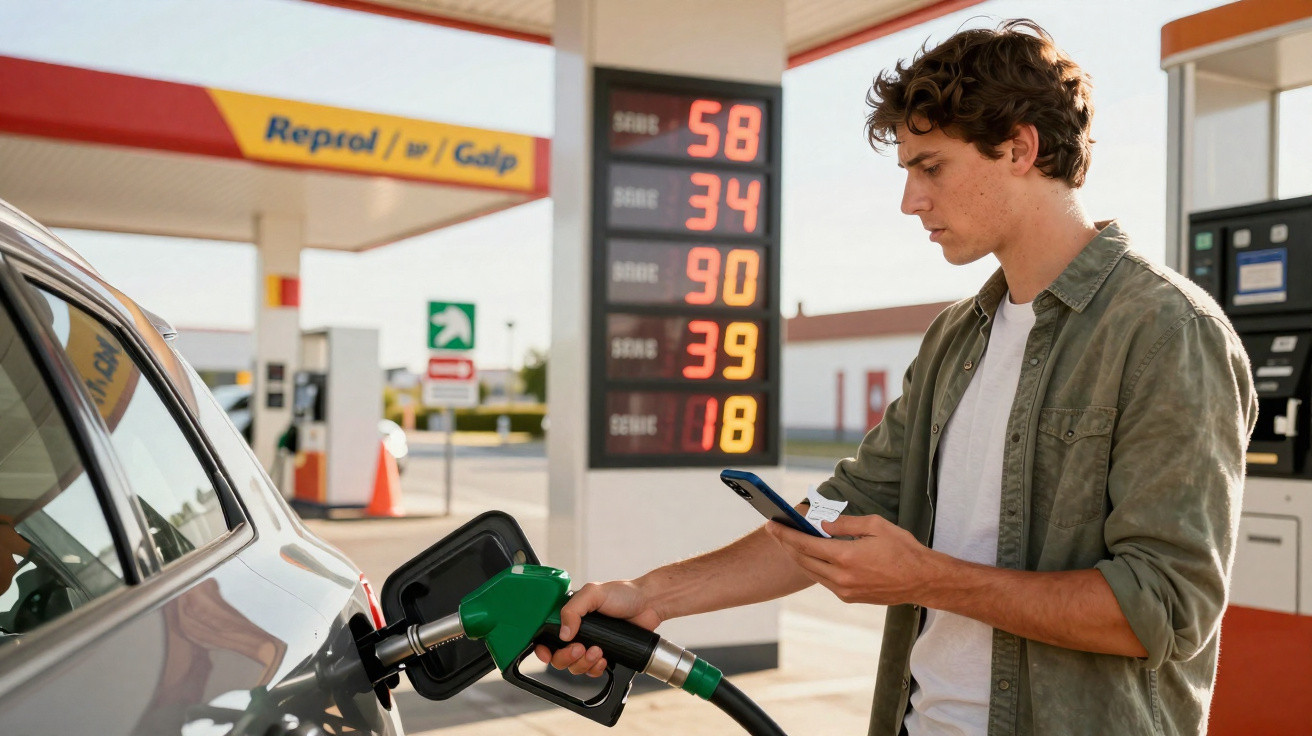 Homem a abastecer carro com gasolina numa bomba de combustível numa estação Repsol/Galp.
