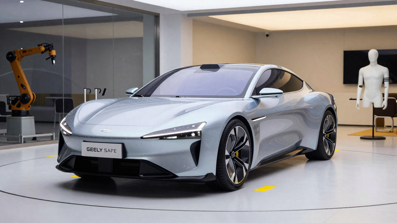 Carro desportivo elétrico cinzento Geely Safe em exposição numa sala moderna com robot e manequim ao fundo.