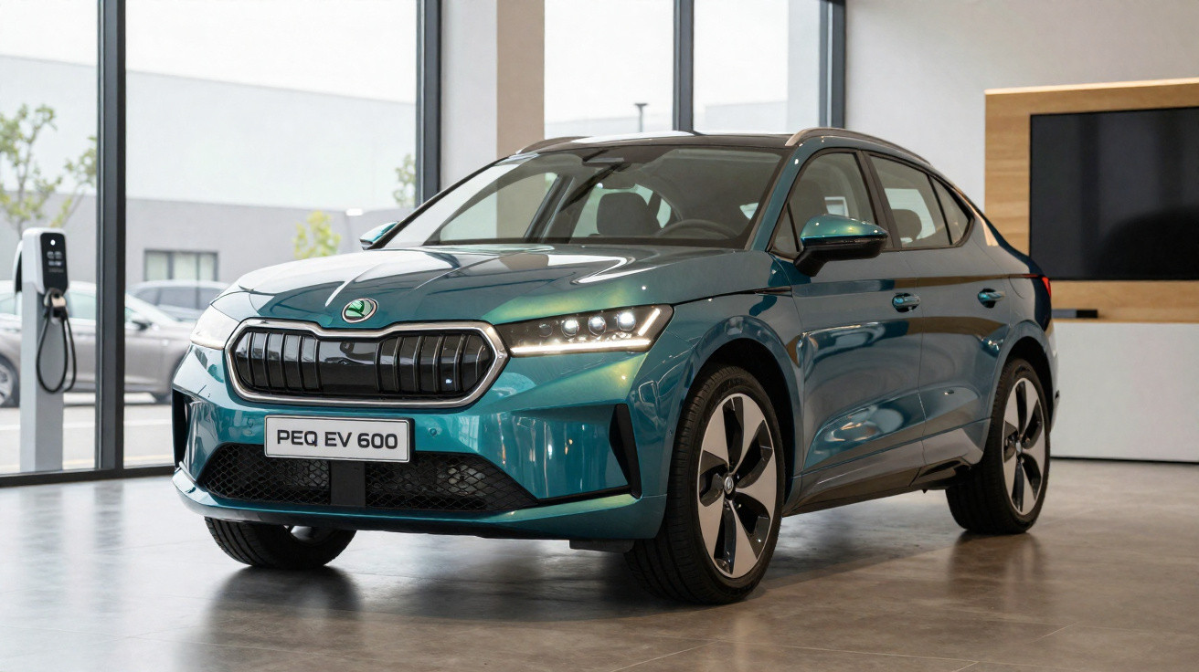 Carro elétrico moderno azul metálico com matrícula PEQ EV 600, exibido dentro de showroom.