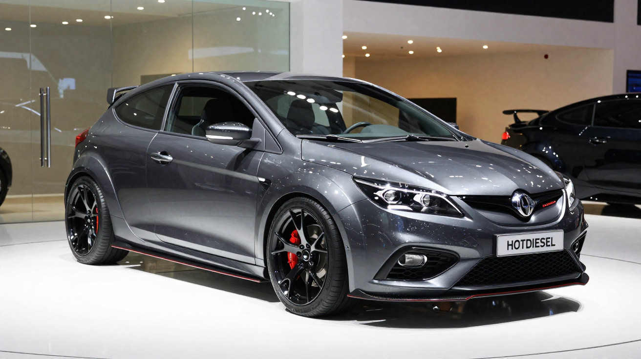 Carro desportivo cinza metálico exposto em showroom, com jantes pretas e travões vermelhos.