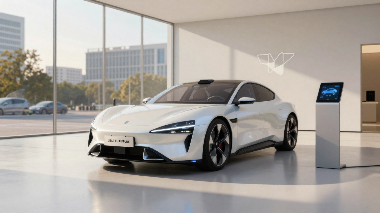 Carro elétrico branco futurista exposto numa sala ampla com janelas de vidro e suporte digital ao lado.
