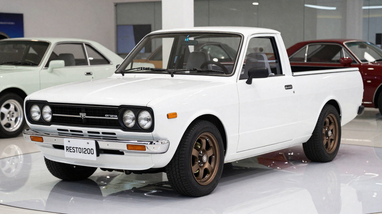 Pick-up clássica branca em exposição num salão com pavimento branco brilhante.