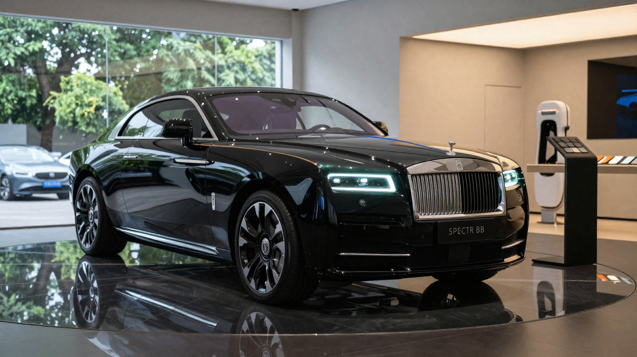 Carro de luxo preto Rolls-Royce Spectre BB em exposição num showroom moderno com iluminação suave.