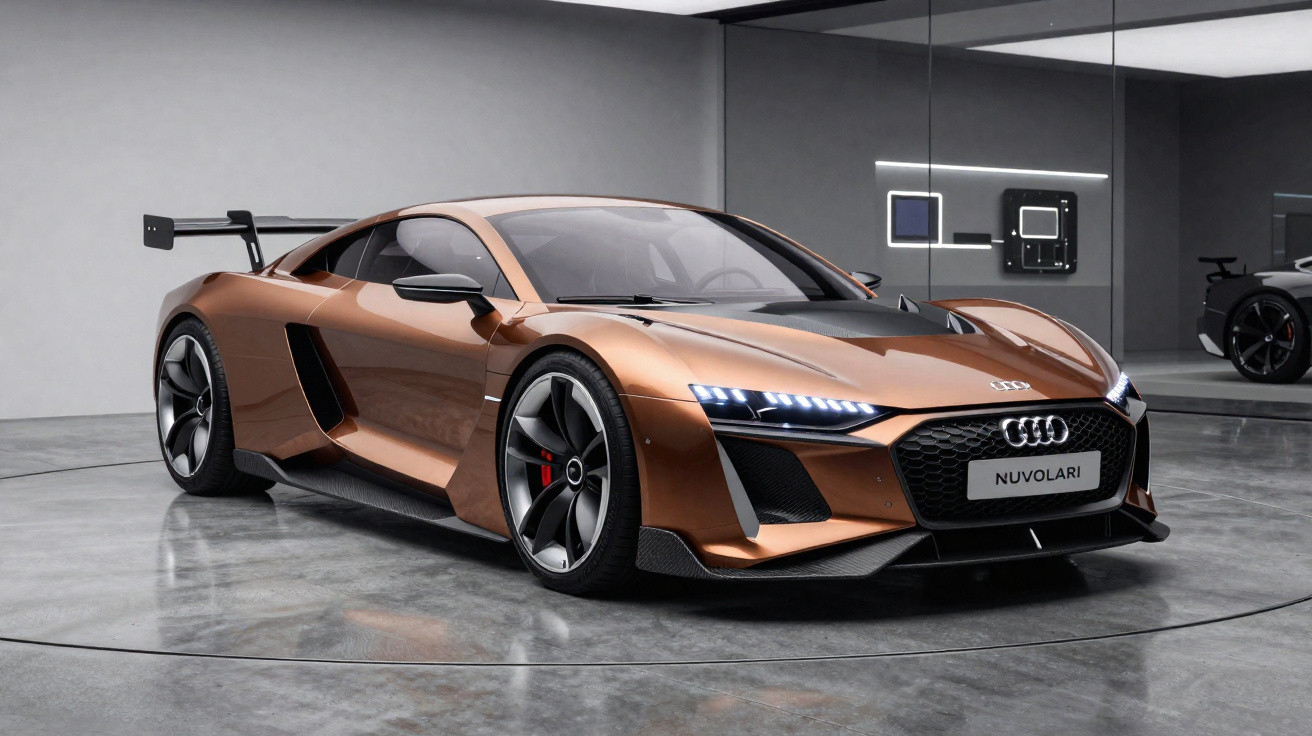 Carro desportivo Audi Nuvolari de cor bronze estacionado em sala moderna com piso de cimento polido.