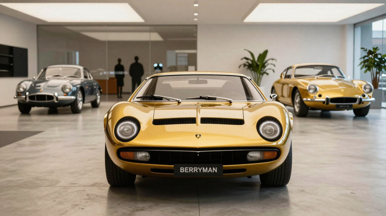 Carros clássicos dourados expostos em sala moderna com chão de cimento e plantas decorativas.