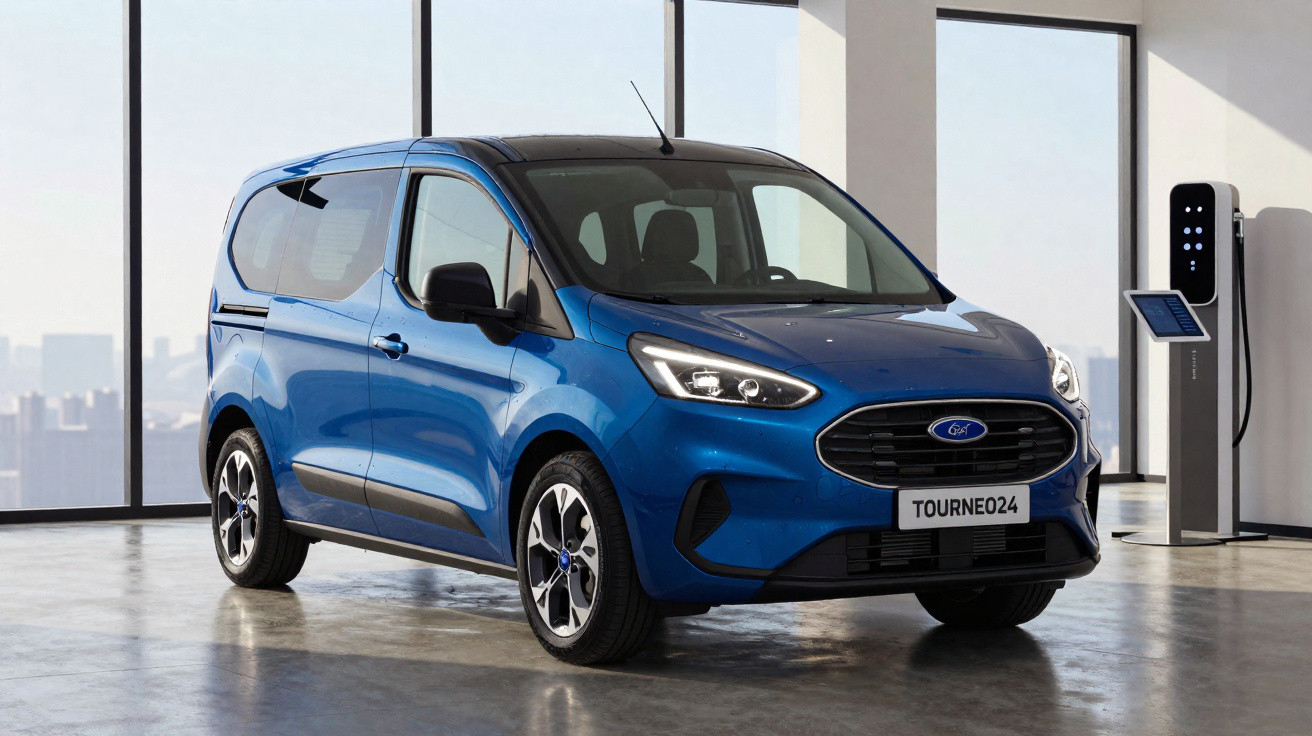 Carrinha elétrica azul Ford Tourneo 2.0 estacionada junto a posto de carregamento interno.