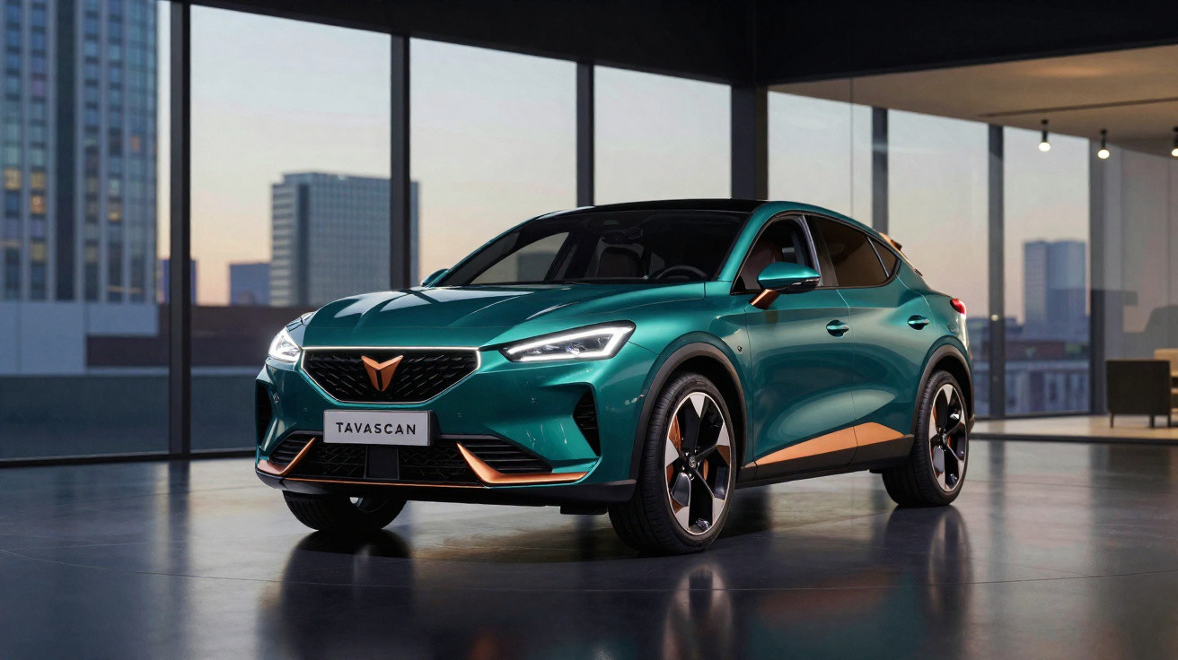 SUV Cupra Tavascan verde metálico estacionado em ambiente interior moderno com janelas amplas e vista urbana.