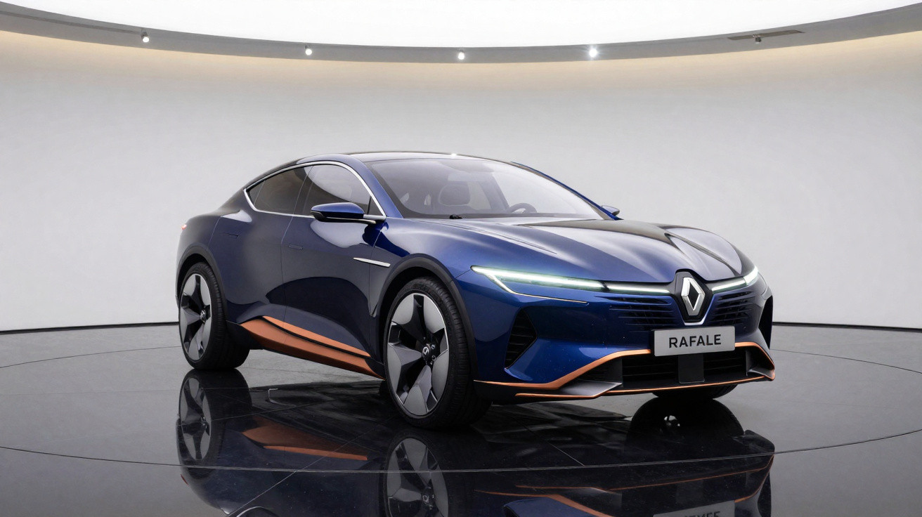 Carro elétrico Renault Rafale azul com detalhes laranja em exposição num palco rotativo com fundo branco.