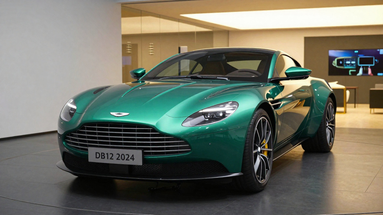 Carro desportivo verde Aston Martin DB12 2024 apresentado em exposição interior.