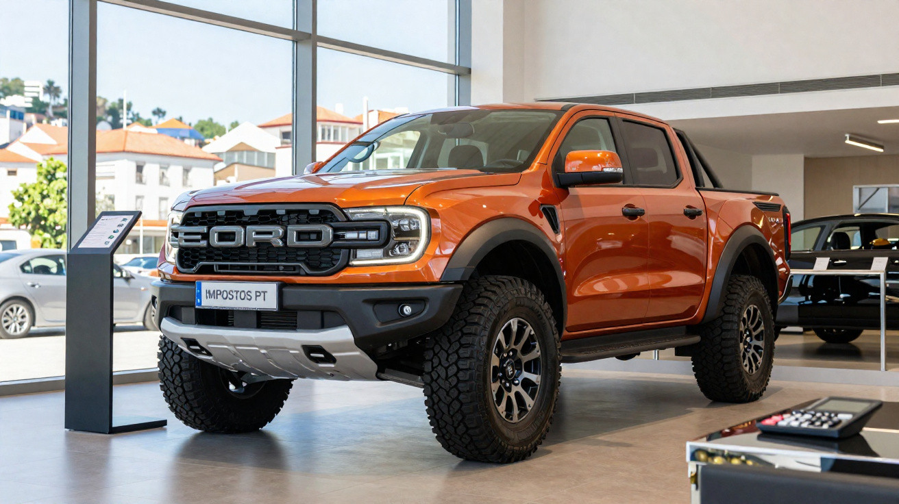 Pick-up Ford Ranger Raptor laranja exposta em sala de showroom com vidros grandes e iluminação natural.