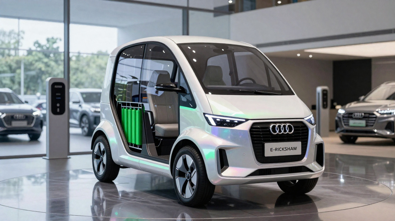 Veículo elétrico compacto Audi E-Rickshaw estacionado dentro de um showroom moderno.