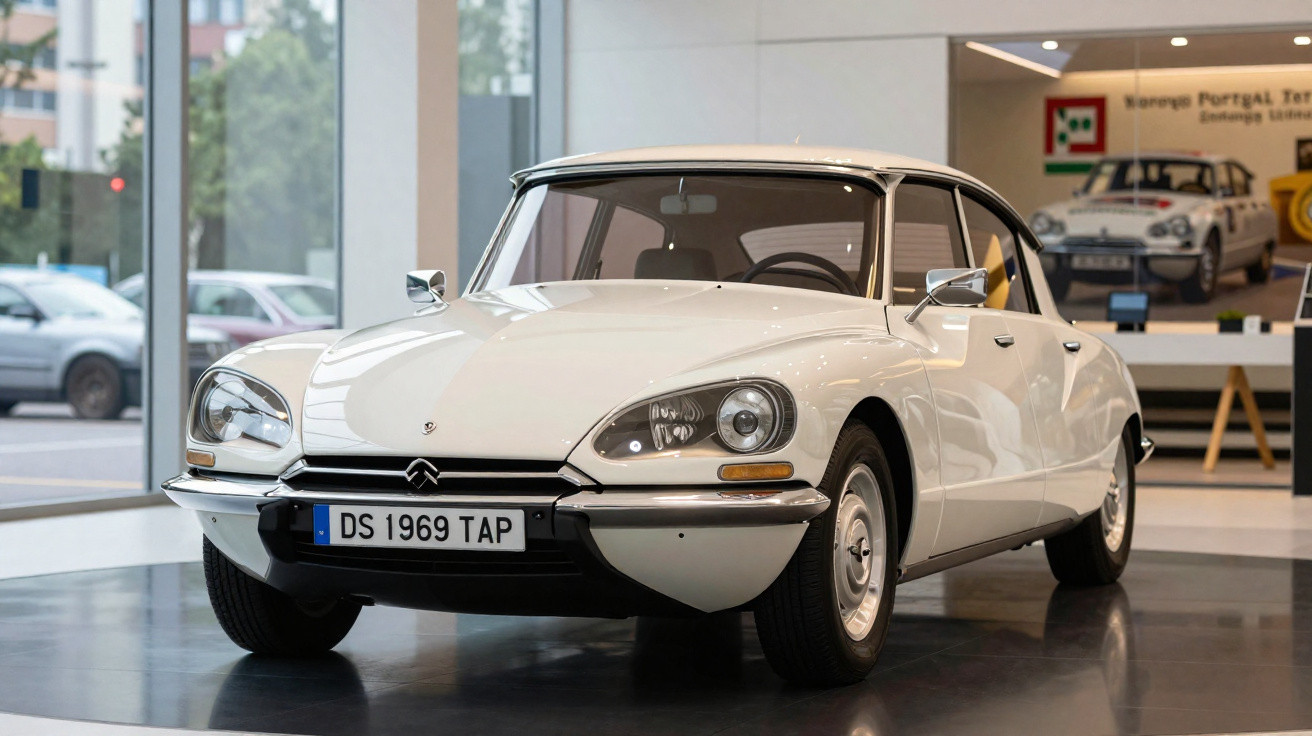 Carro clássico Citroën DS branco de 1969 exposto em museu com detalhes modernos ao fundo.