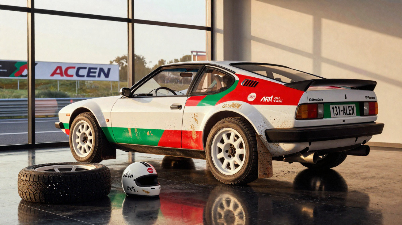 Carro de rally branco com detalhes a verde e vermelho, capacete e pneu numa garagem com luz natural.
