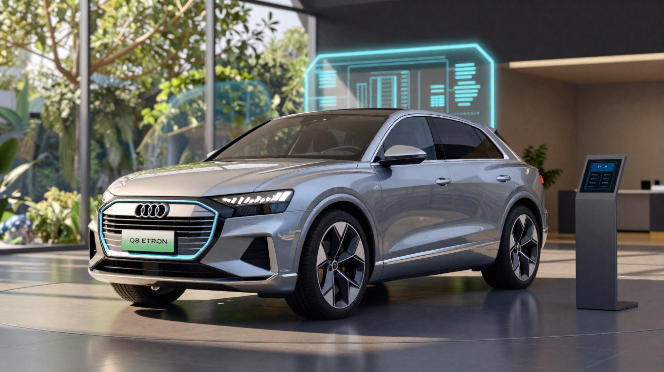 Carro elétrico Audi Q8 e-tron cinzento numa exposição moderna com holograma digital e info ao lado.