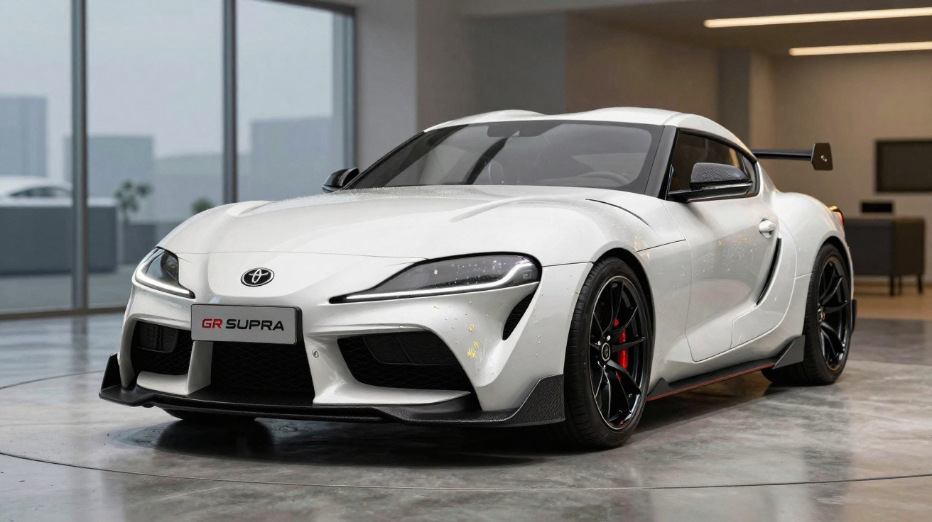 Carro desportivo Toyota GR Supra branco estacionado em piso interior com rodas pretas e detalhes aerodinâmicos.
