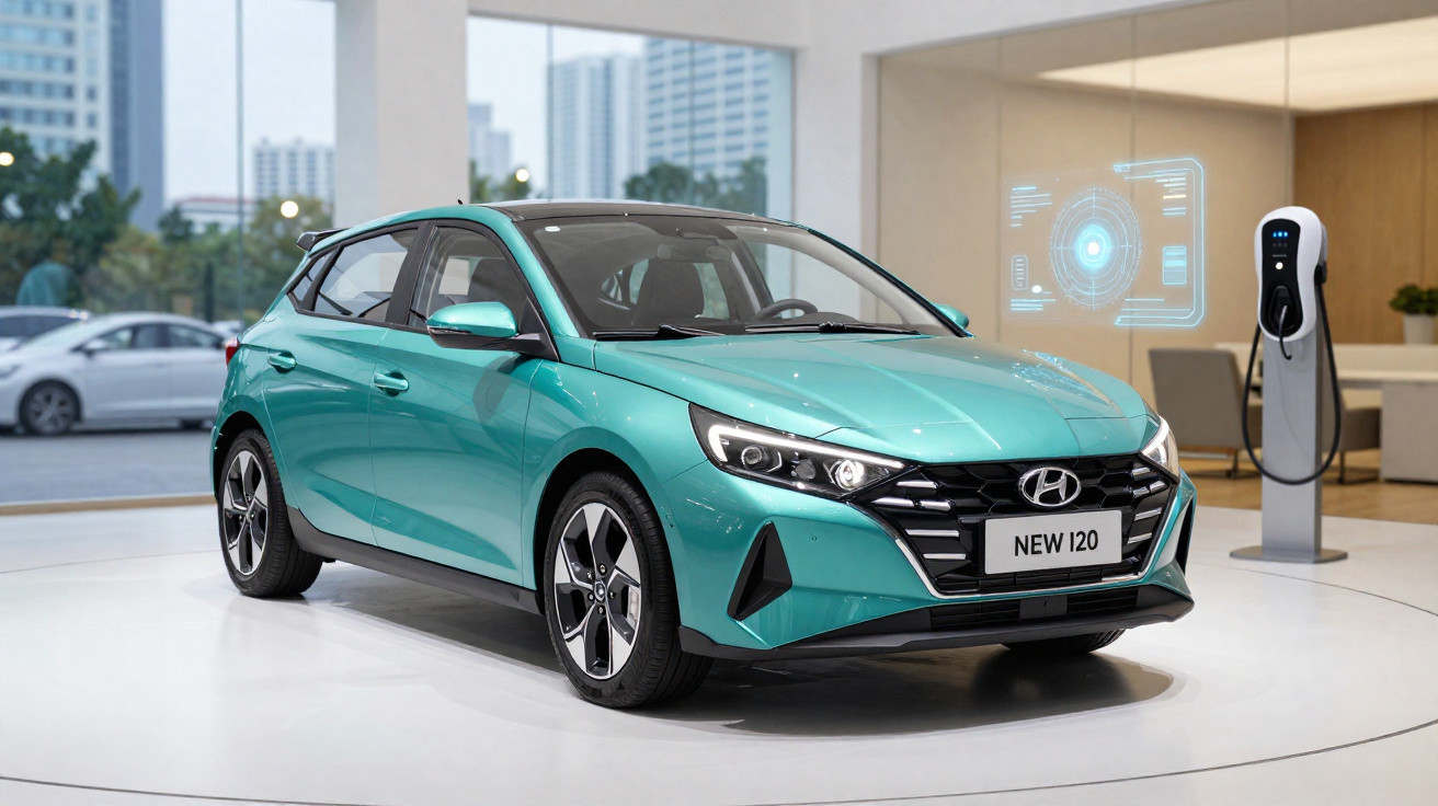 Carro elétrico Hyundai New i20 verde exposto em showroom moderno com estação de carregamento ao lado.