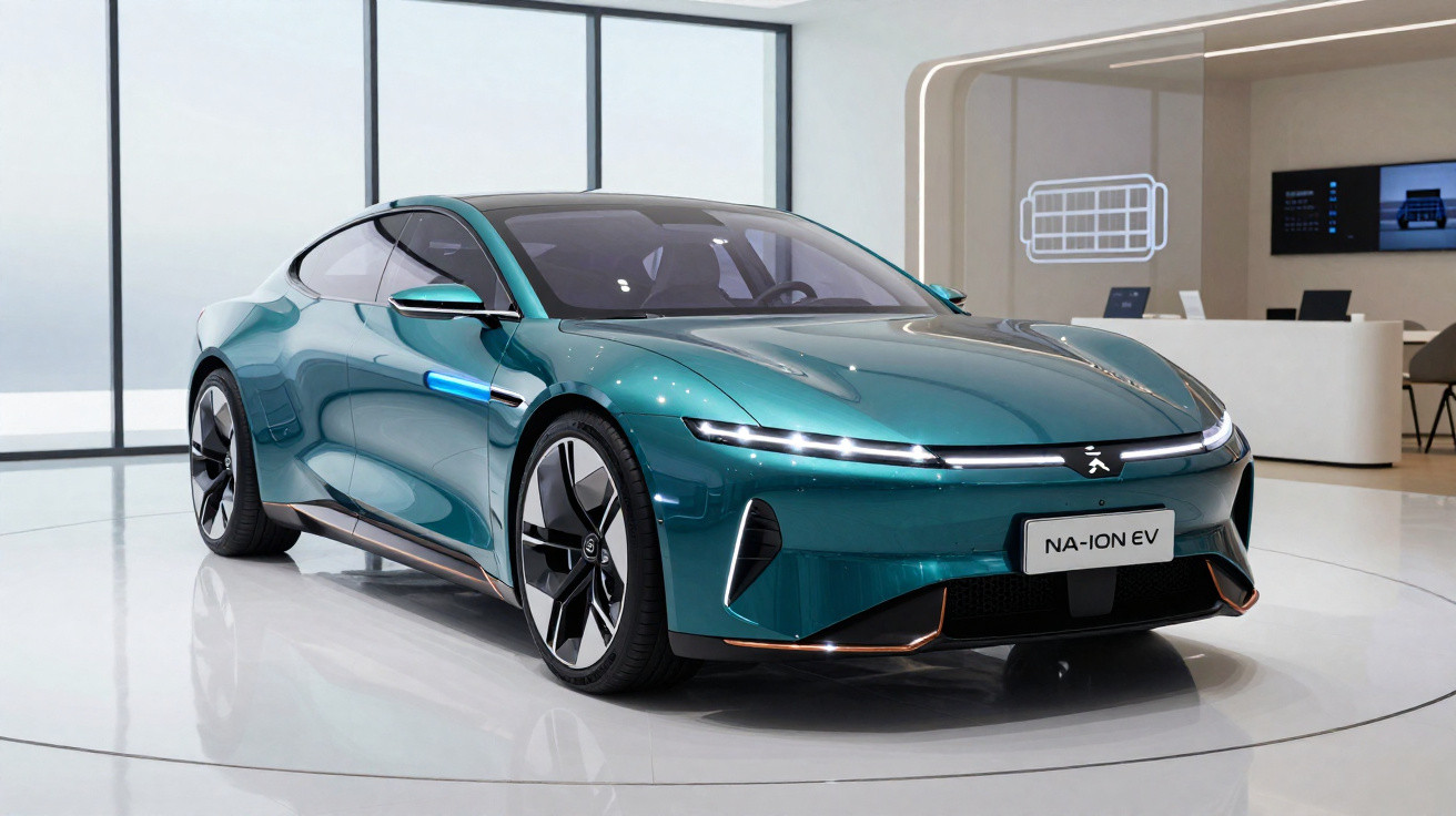 Carro elétrico desportivo de cor azul turquesa exposto em sala moderna e iluminada.