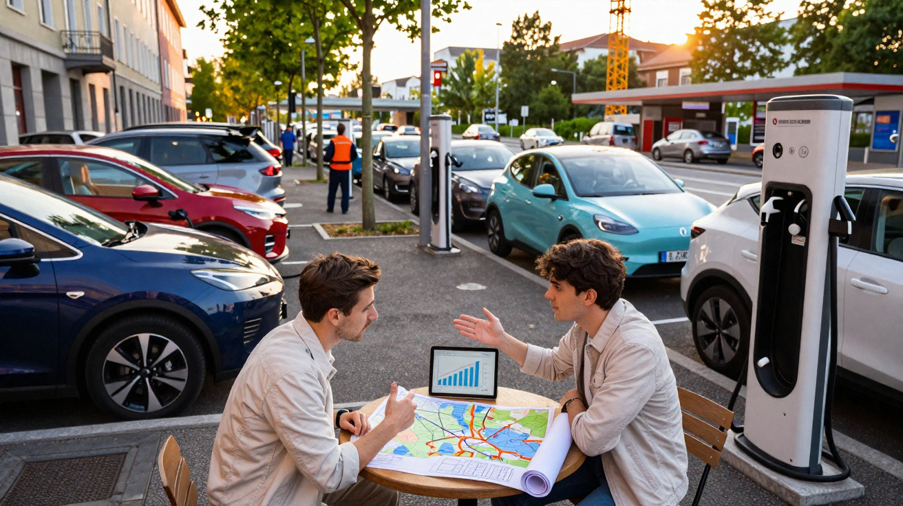 Dois homens a conversar numa mesa exterior com mapa e tablet, ao lado de carros eléctricos estacionados e posto de carregamen