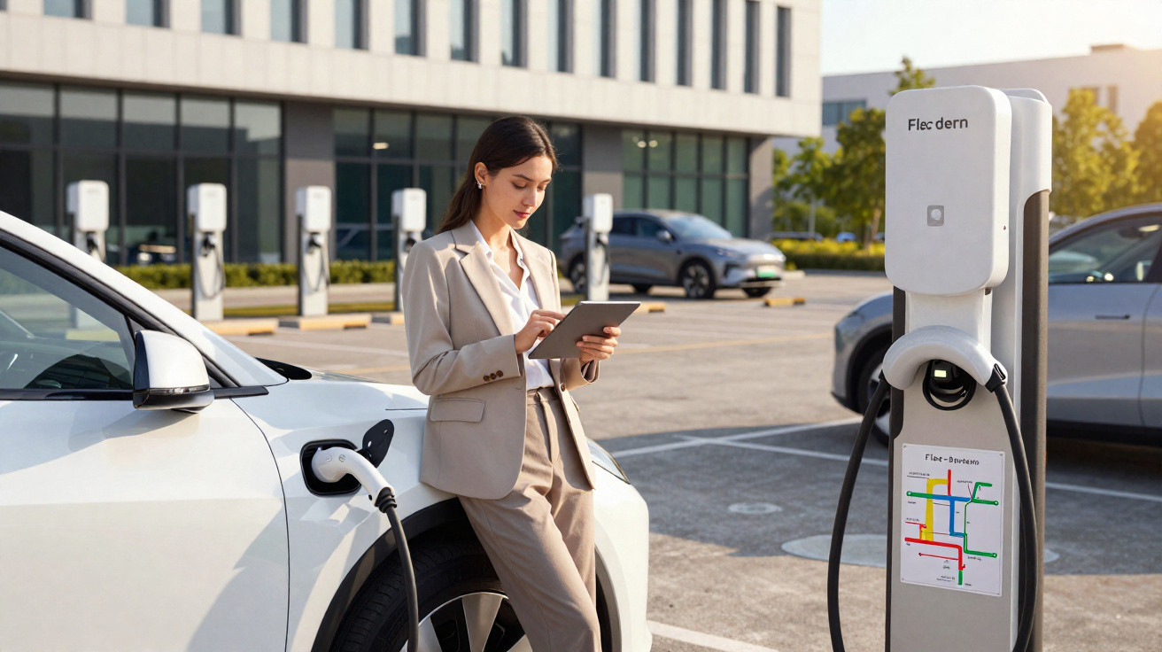 Mulher de fato bege usa tablet junto a um carro elétrico a carregar numa estação ao ar livre.