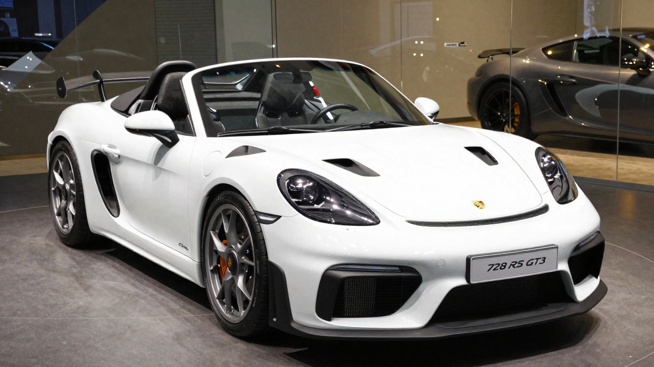 Carro desportivo branco Porsche 728 RS GT3 conversível estacionado em exposição interior.