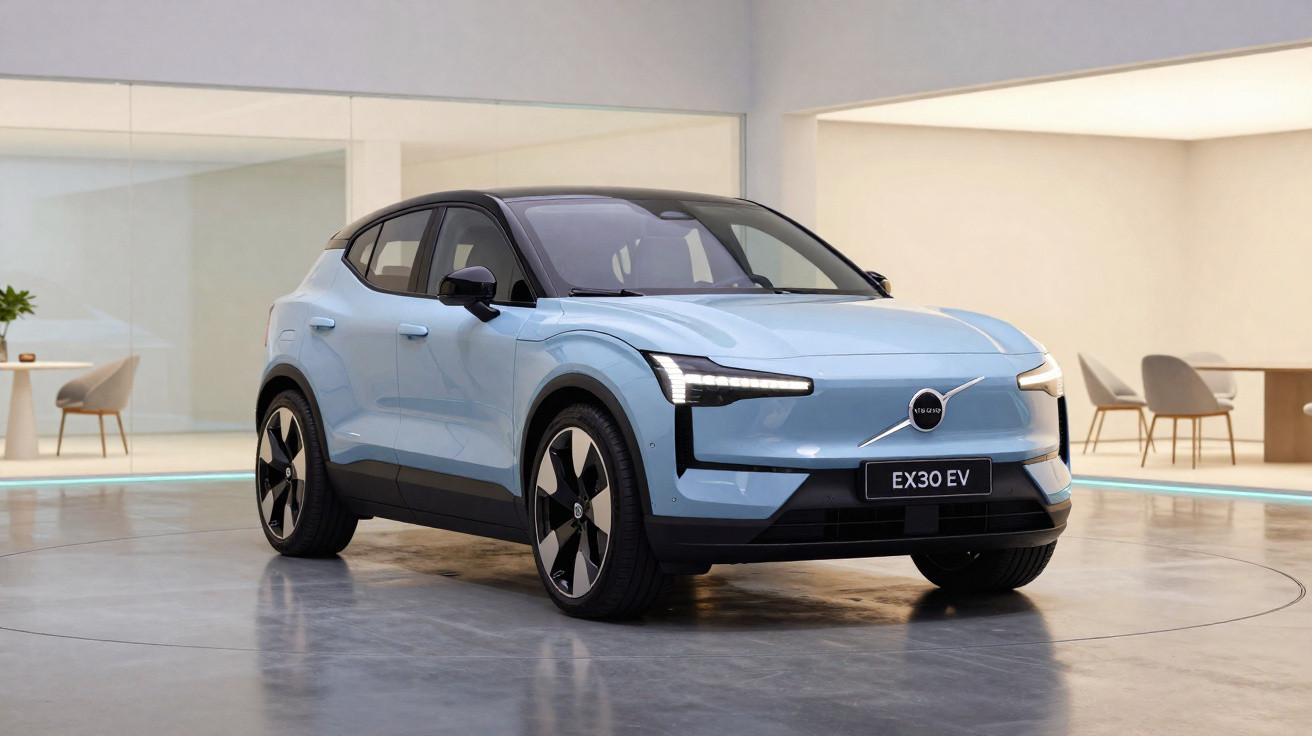 Automóvel elétrico Volvo EX30 EV azul estacionado num espaço interior moderno e minimalista.