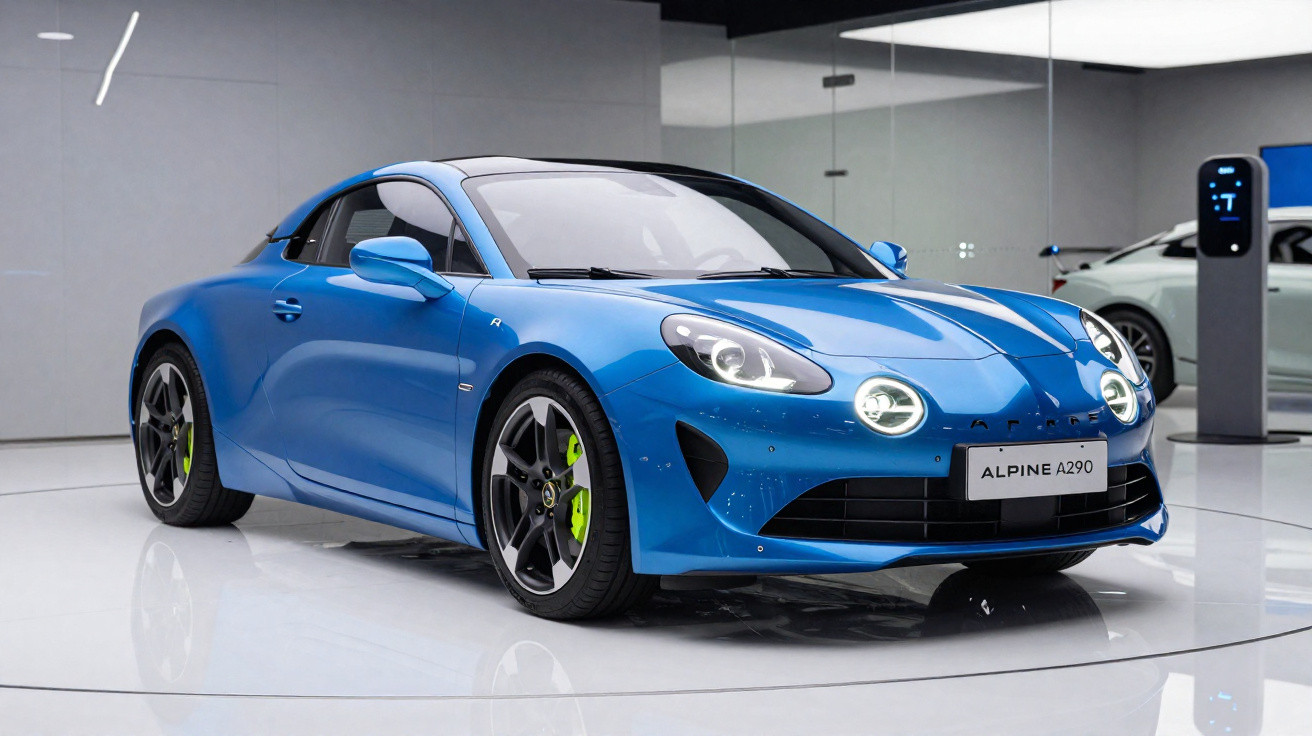 Automóvel desportivo Alpine A290 azul exposto em ambiente interior moderno e luminoso.