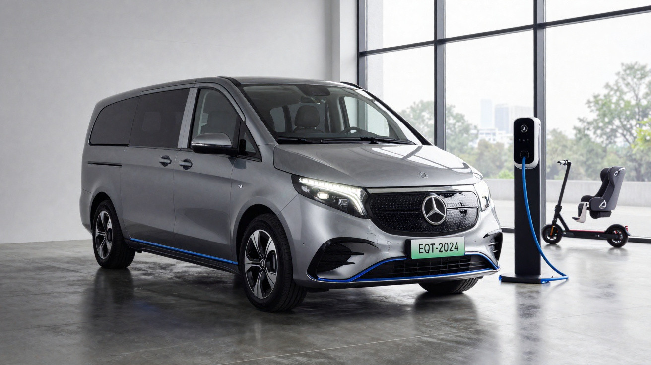 Carro elétrico Mercedes-Benz EQT cinzento a carregar numa estação de carregamento com trotinetes ao fundo.