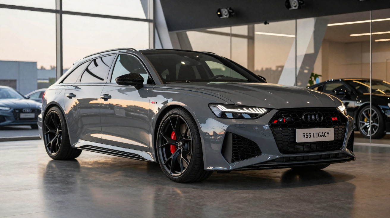 Carro Audi RS6 Legacy cinzento com detalhes pretos e pinças de travão vermelhas numa sala de exposição.