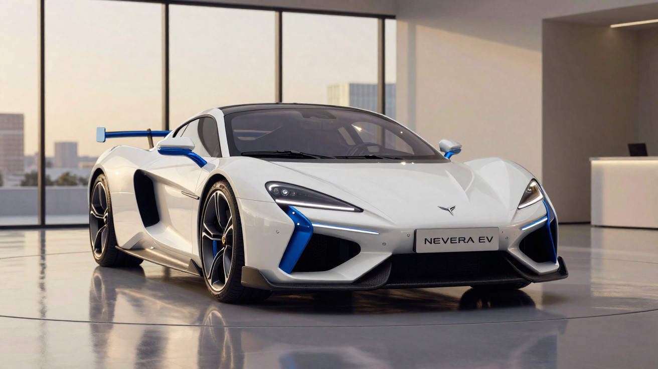 Carro desportivo elétrico branco com detalhes azuis, modelo Nevera EV, em showroom moderno com janelas grandes.