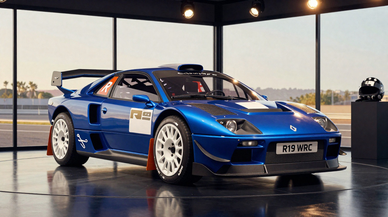 Carro de corrida azul Renault R19 WRC em exposição numa sala com grandes janelas.